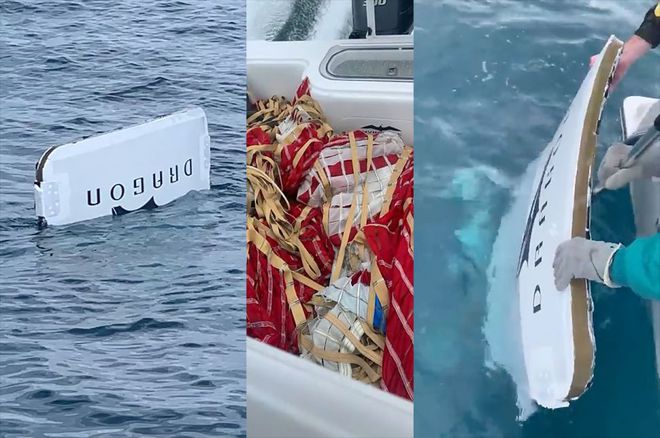 Partes de um paraquedas e o painel de cobertura relacionados a testes da SpaceX, encontrados por pescadores na Flórida (Imagem: Reprodução/Sea Lover Fishing)