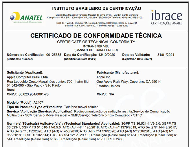 Certificação do iPhone 12 Pro, obtida no site da Anatel (Imagem: Reprodução/Anatel)