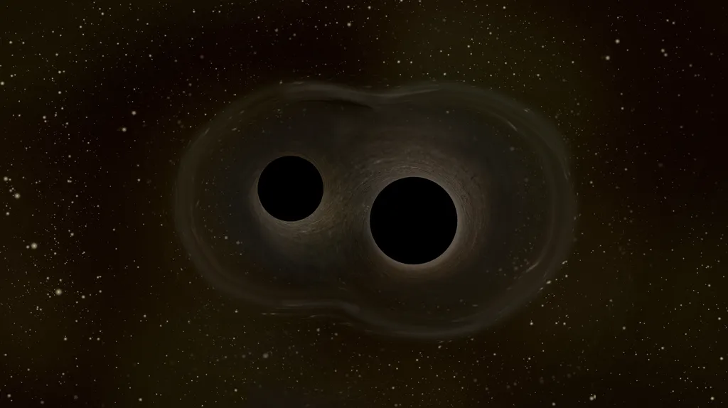 Ilustração de um sistema binário de buracos negros prestes a colidir (Imagem: Reprodução/ESA)
