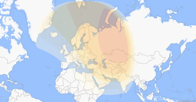 Representação das áreas de visibilidade do eclipse solar parcial; quanto mais escura a cor, maior a área do Sol coberta durante o fenômeno (Imagem: Captura de tela/Time and Date)