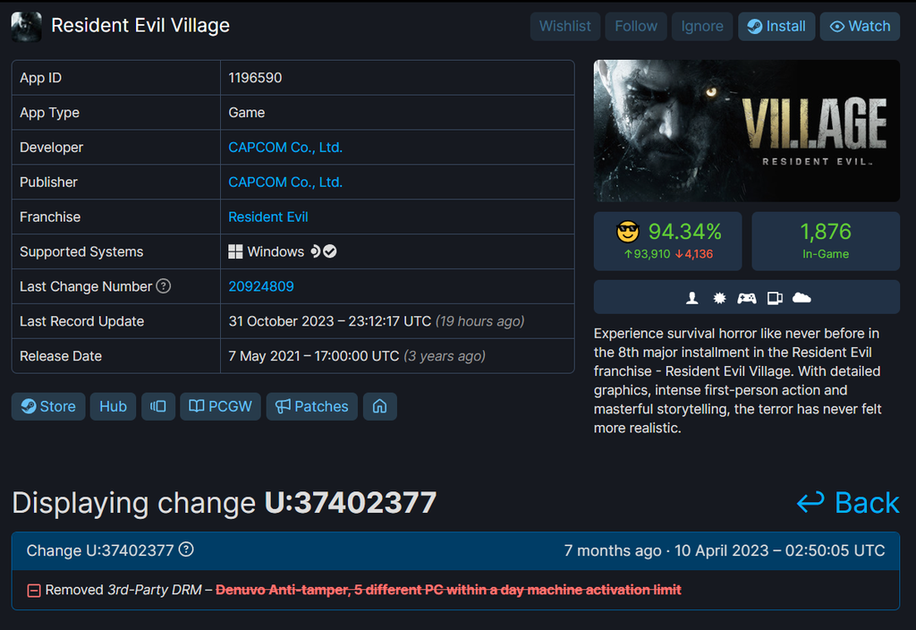 Resident Evil Village removeu o Denuvo Anti-Tamper quase 2 anos após o lançamento (Reprodução/SteamDB)