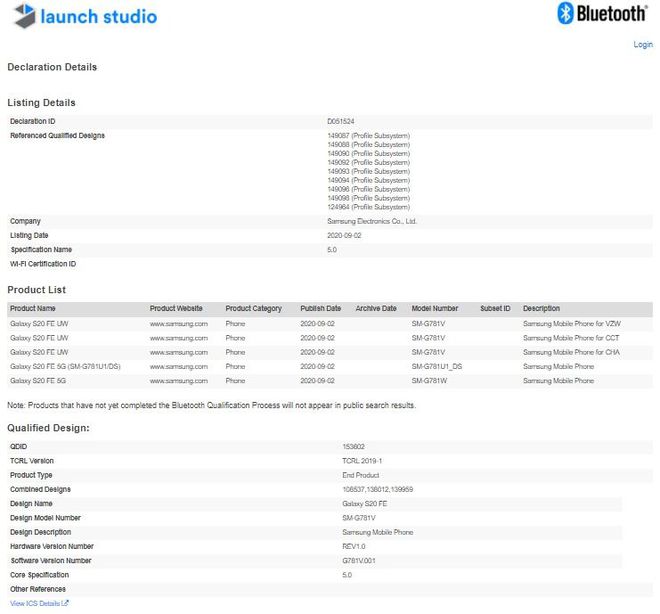 Registro Bluetooth do Galaxy S20 FE confirma o seu código de produto: SM-G781 (imagem: 91Mobiles/reprodução)
