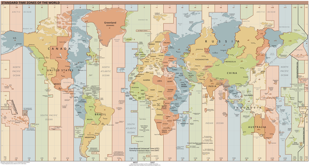 Mapa dos fusos horários mundiais com base no UTC, contado a partir do Meridiano de Greenwich (Imagem: UnaitxuGV, Heitordp/Domínio Público)