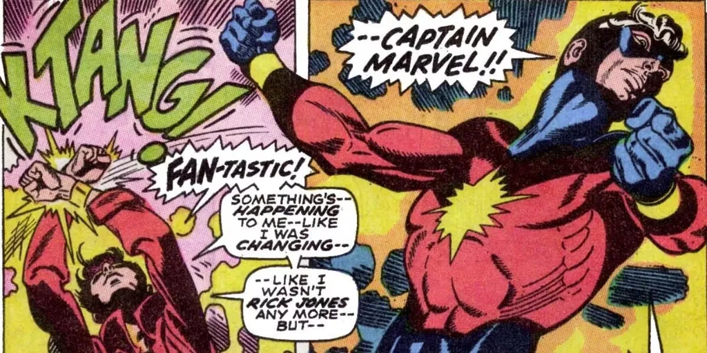 Nos quadrinhos, Mar-vell e Rick Jones trocavam de lugar quando batiam os braceletes (Imagem: Reprodução/Marvel Comics)