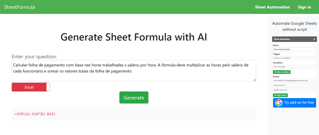 Site usa IA para gerar fórmulas com base no comando de texto (Imagem: Captura de tela/Guilherme Haas/Canaltech) 