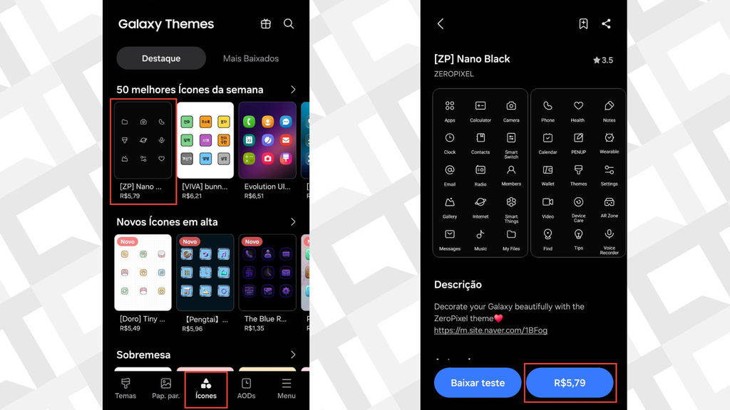 Passos para alterar ícones no Galaxy Themes