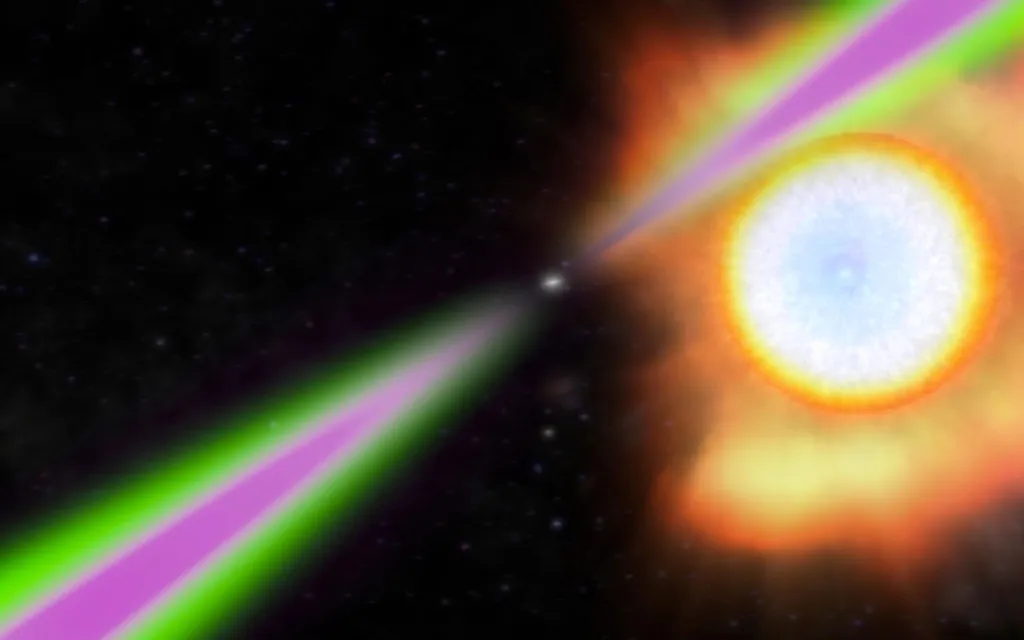 Ilustração de uma estrela de nêutrons do tipo pulsar que se alimenta de uma gigante gigante vermelha (Imagem: Reprodução/NASA’s Goddard Space Flight Center/Cruz deWilde)