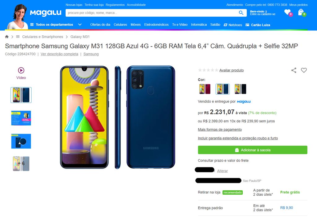 Galaxy M31 está à venda em três cores no site do Magalu (Imagem: Reprodução/Magalu)