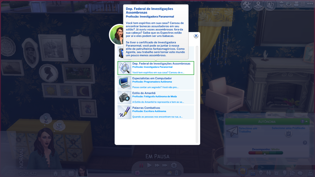 The Sims 4 Sobrenatural chega com uma nova profissão: investigador paranormal, que está dentro da carreira autônoma (Imagem: Captura de tela/Nathan Vieira/Canaltech)