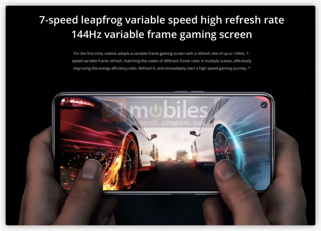 Teaser vazado indica tela de 144 Hz com furo no canto superior esquerdo (Imagem: 91Mobiles)