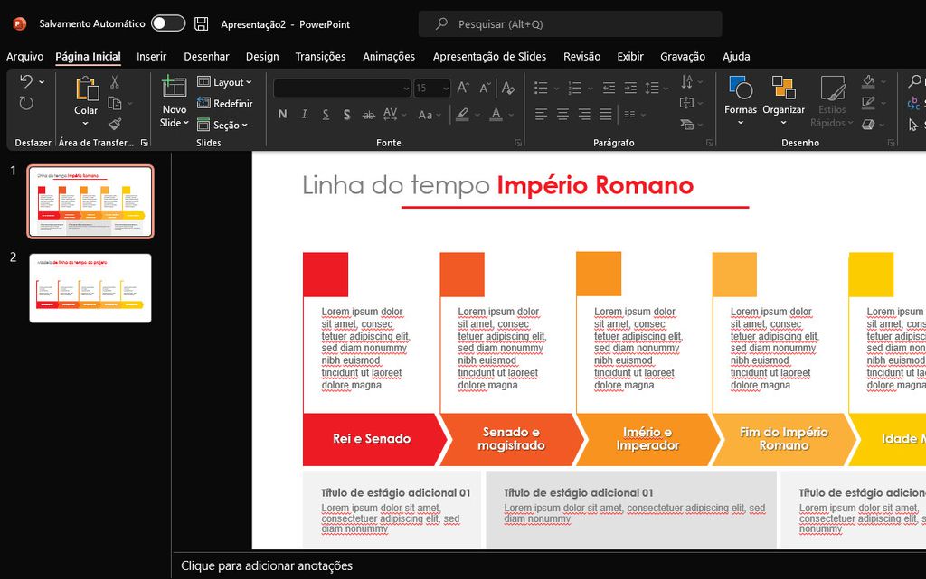 Com esse template, você pode criar diversos tipos de linha do tempo no PowerPoint (Captura de tela: Matheus Bigogno)