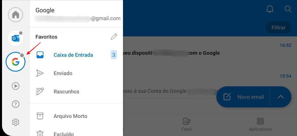 O Gmail no app do Outlook para Android fica disponível no painel esquerdo do app (Imagem: Captura de tela/Fabrício Calixto/Canaltech)