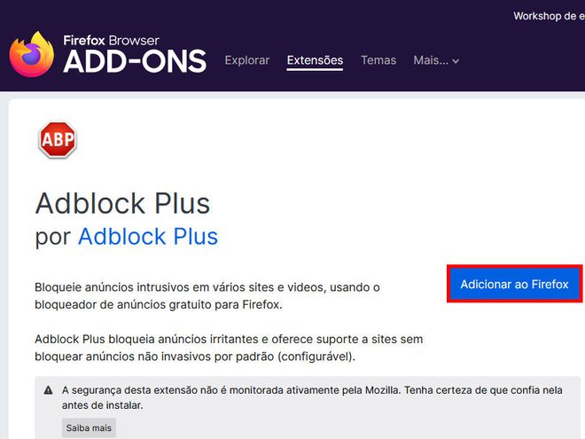Acesse a página do AdBlock Plus no Firefox e clique em "Adicionar ao Firefox" (Captura de tela: Matheus Bigogno)
