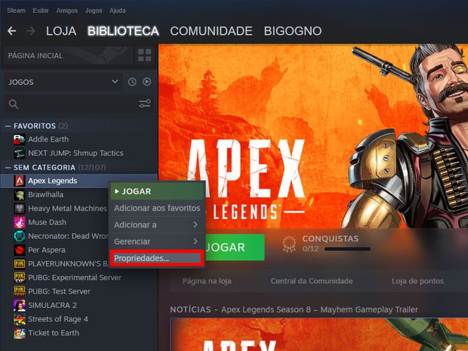 Clique com o botão direito no Apex Legends e selecione o item "Propriedades" (Captura de tela: Matheus Bigogno)