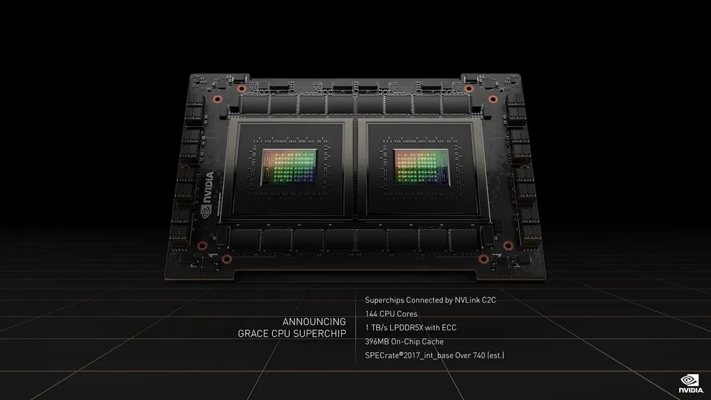 O NVLink C2C também possibilitou o desenvolvimento do Nvidia Grace Superchip, que une duas CPUs Grace em um pacote, atingindo 144 núcleos e 396 MB de cache (Imagem: Nvidia)