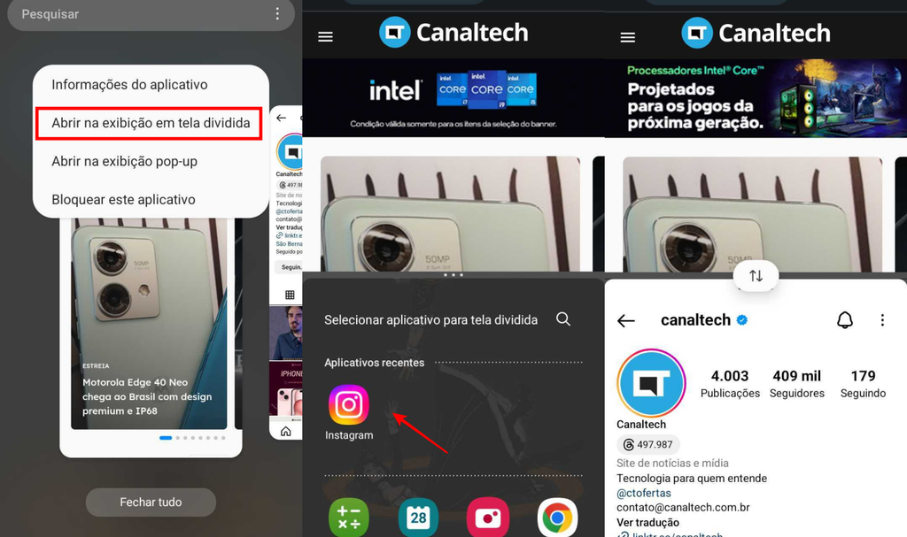 O Android permite dividir a tela do celular de forma nativa (Imagem: Captura de tela/Fabrício Calixto/Canaltech)