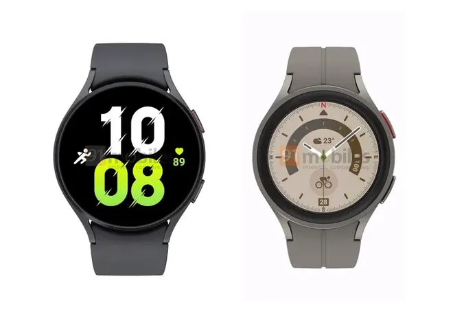 Galaxy Watch 5 (esquerda) e 5 Pro (direita) manterão visual circular com pequenas mudanças (Imagem: Reprodução/91mobiles)