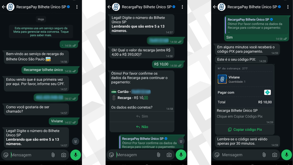 Passos para recarregar o bilhete único pelo Whatsapp do RecargaPay