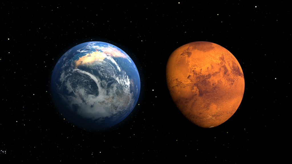 À esquerda, uma representação de como Marte pode sido, com água líquida e atmosfera espessa; à direita, como o planeta é hoje (Imagem: Reprodução/NASA's Goddard Space Flight Center)