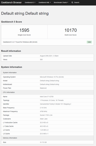 Intel Core i7 12700 Geekbench 5 Foto 1