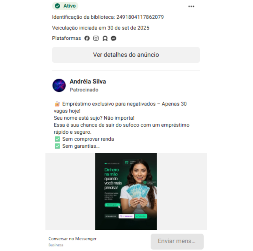 A maioria dos golpes veiculados no escossistema da Meta se aproveita de populações vulneráveis, com pouca alfabetização digital e beneficiária de programas sociais (Imagem: Meta/Projeto Brief)