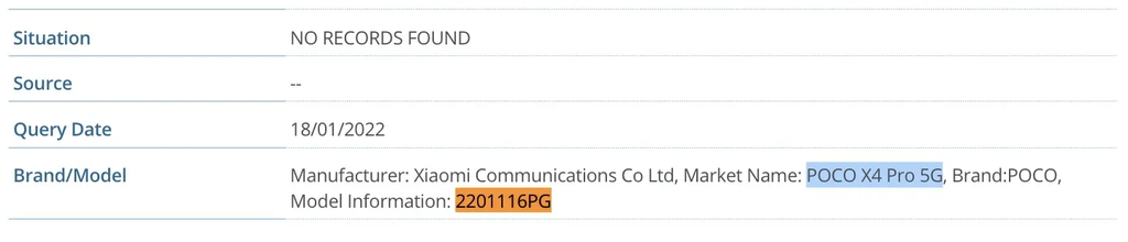 Banco de dados do IMEI confirma Poco X4 Pro 5G sob modelo 2201116PG (Imagem: Reprodução/MySmartPrice)