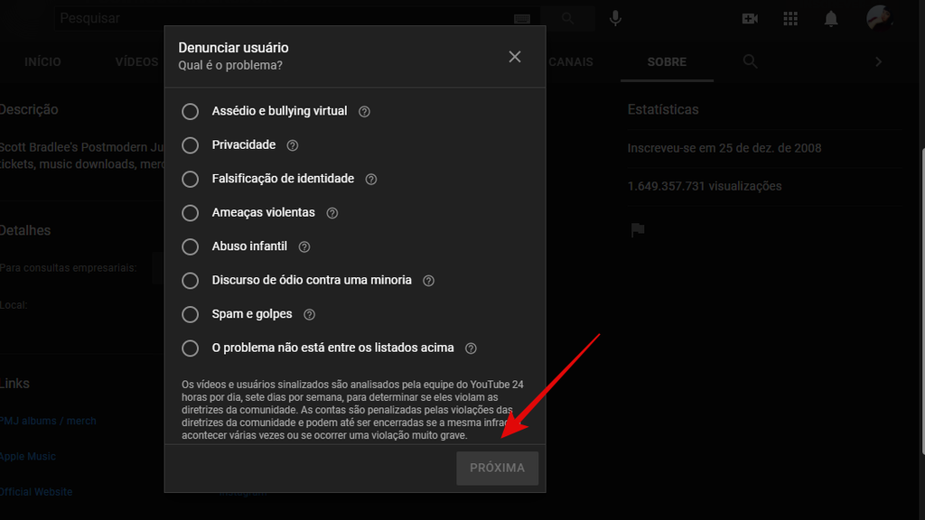 Escolha o motivo e clique em Próxima para enviar ao YouTube sua denúncia (Imagem: Guadalupe Carniel/Captura de tela)