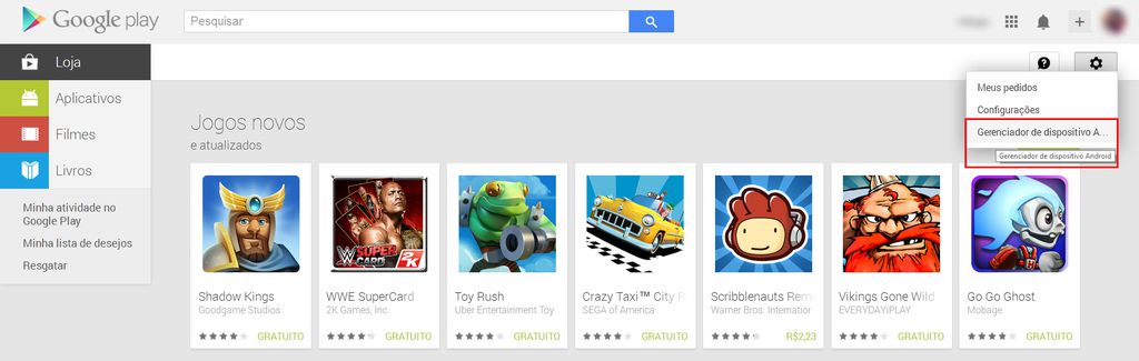 Para acessar o Gerenciador de Dispositivos Android na Play Store basta clicar na engrenagem no canto superior direito da página da loja virtual Para acessar o Gerenciador de Dispositivos Android na Play Store basta clicar na engrenagem no canto superior direito da página da loja virtual