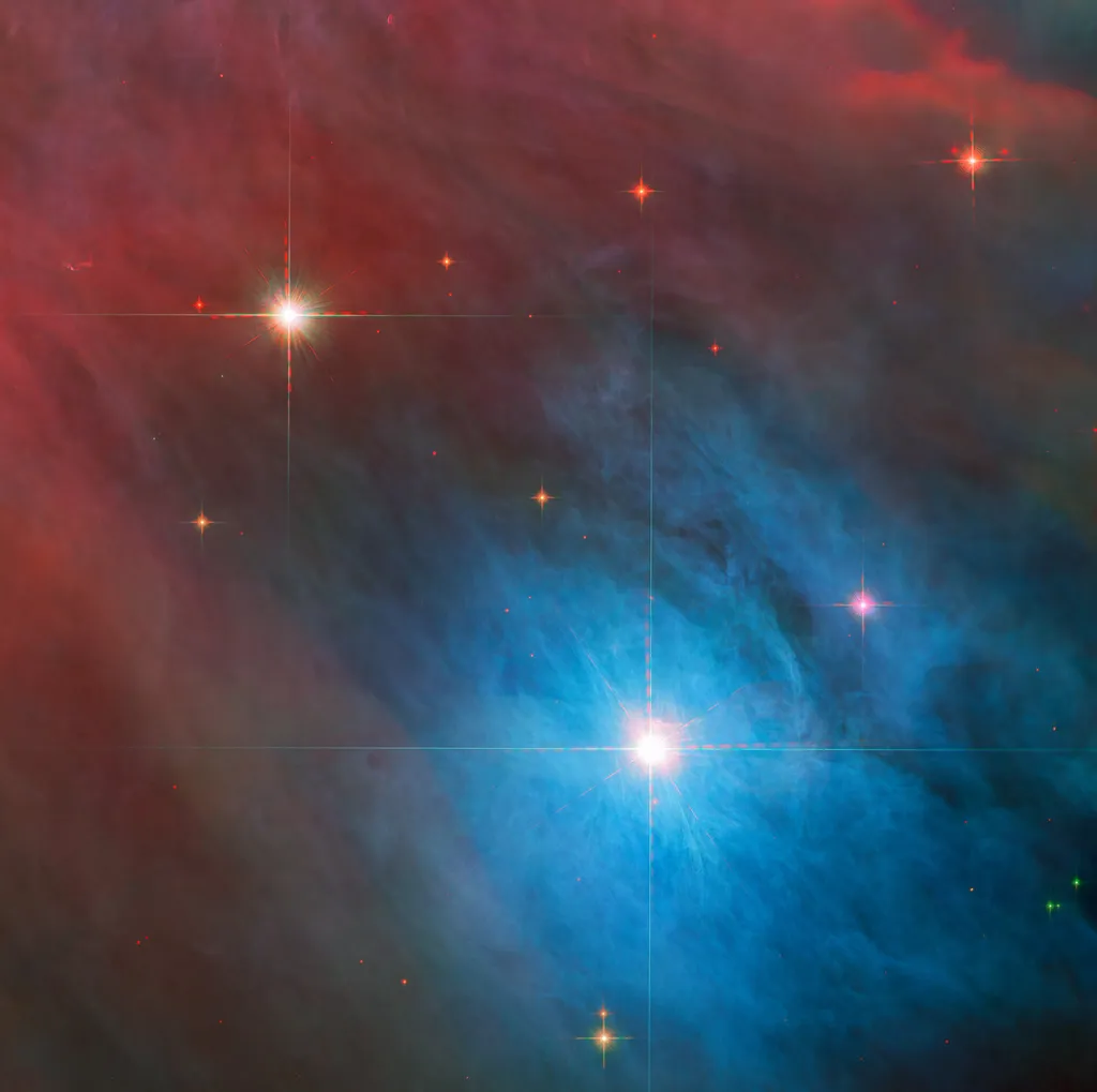 Estrela variável V 372 Orionis e estrela menor, na parte superior esquerda da foto (Imagem: Reprodução/ESA/Hubble & NASA, J. Bally, M. Robberto)