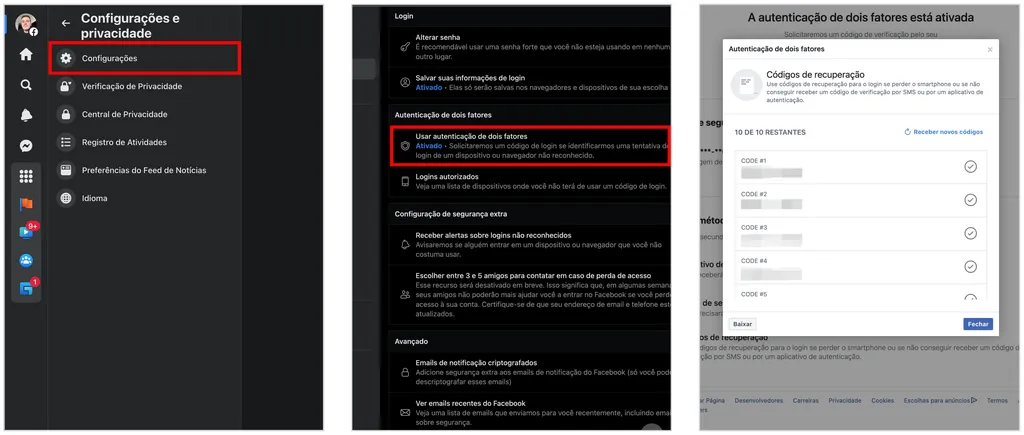 Códigos de login do Facebook são usados para autenticar acesso mesmo sem um celular (Captura de tela: Caio Carvalho)