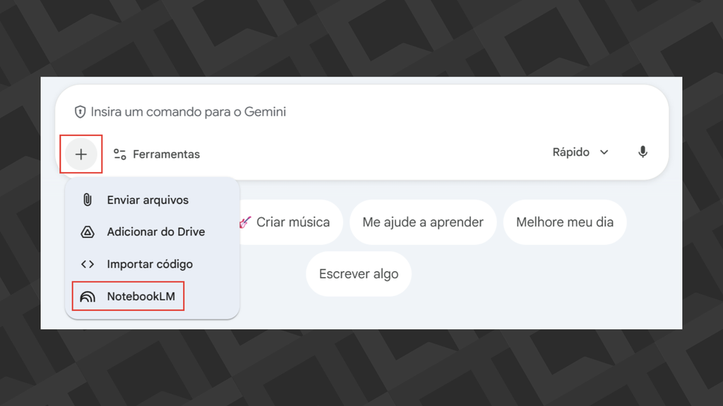 Passos para adicionar conversa do Gemini a projeto no NotebookLM