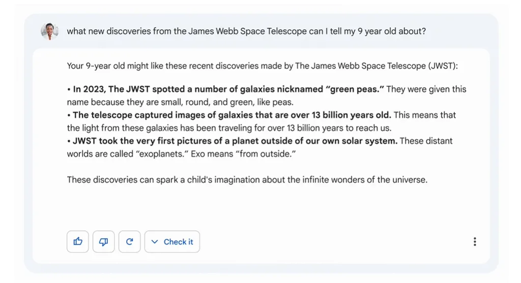 Demonstração das respostas do Bard sobre o telescópio James Webb (Imagem: Google/Divulgação)