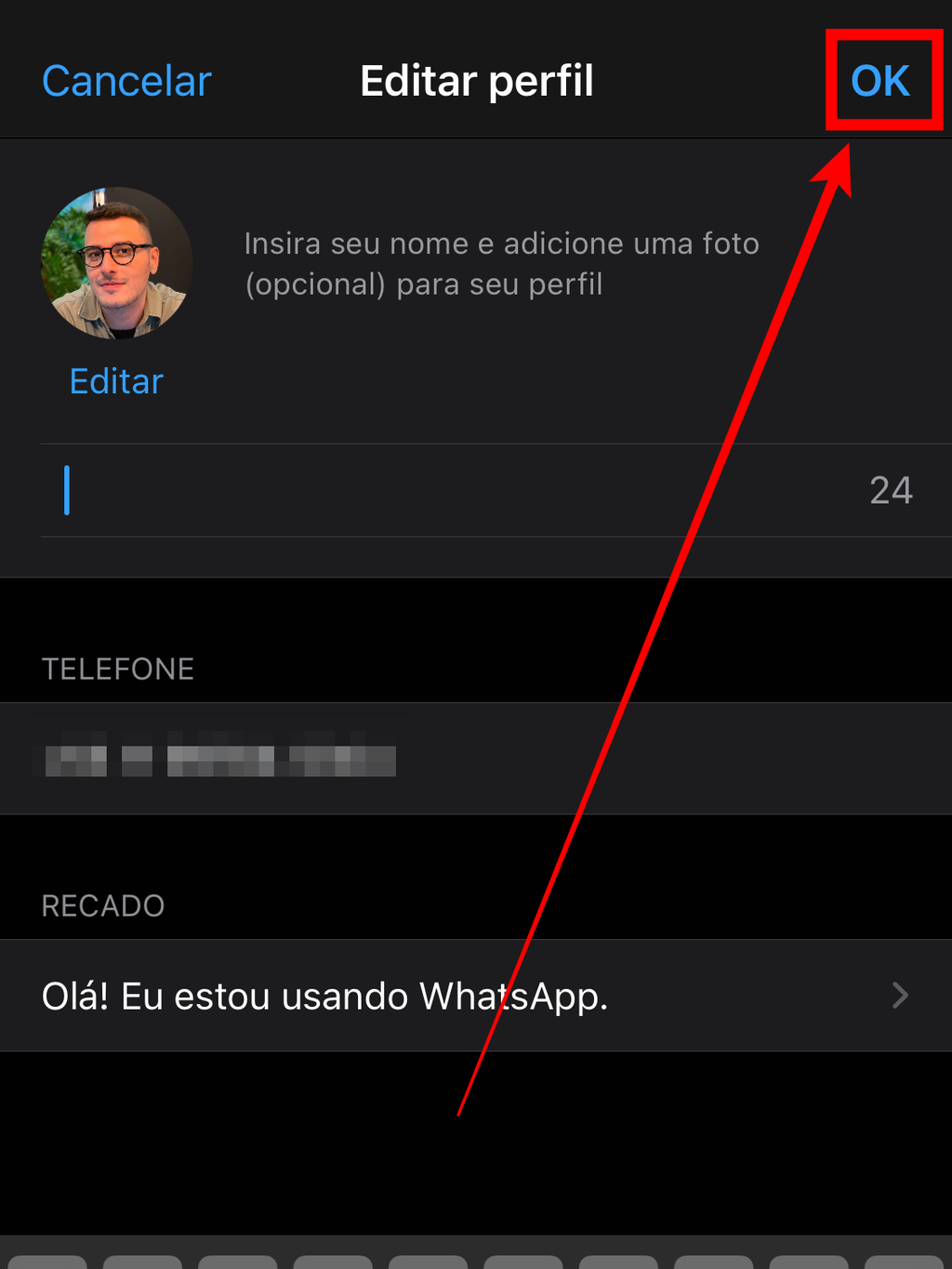 Apesar de ser um espaço em branco, o WhatsApp o reconhece como um caractere e não "bloqueia" o perfil sem nada (Captura de tela: Caio Carvalho/Canaltech)