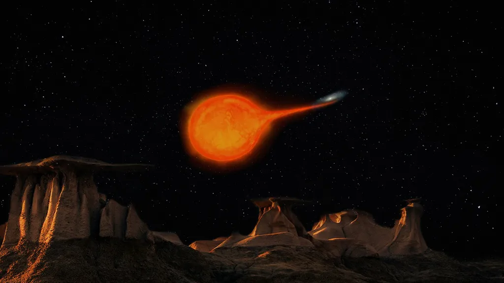 Ilustração de uma variável cataclísmica observada a partir de um planeta em sua órbita (Imagem: Reprodução/Debahni Selene Lopez Morales)