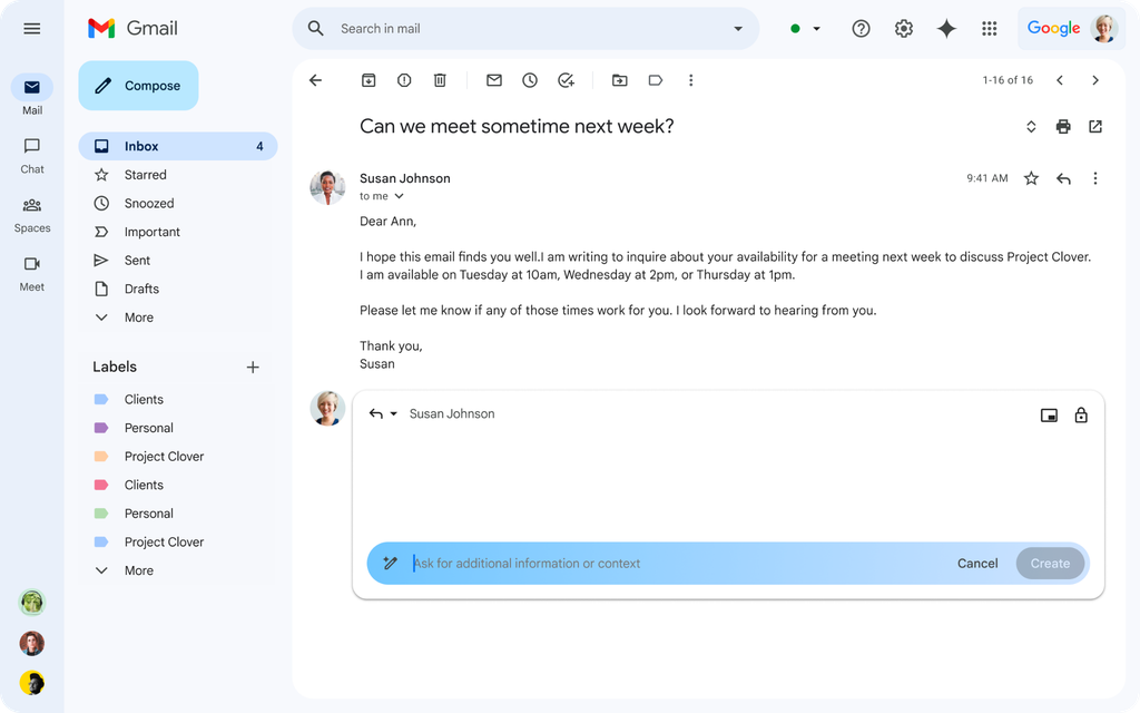 Duet AI também mudou de nome para Gemini e vai ajudar a escrever e-mails no Gmail, entre outras coisas (Imagem: Divulgação/Google)